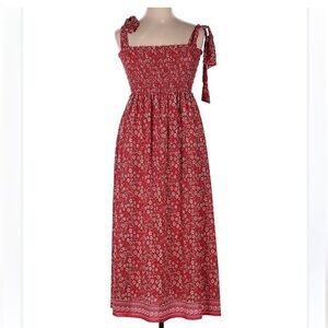Max Studio Red and White Long Floral Smocked Dress